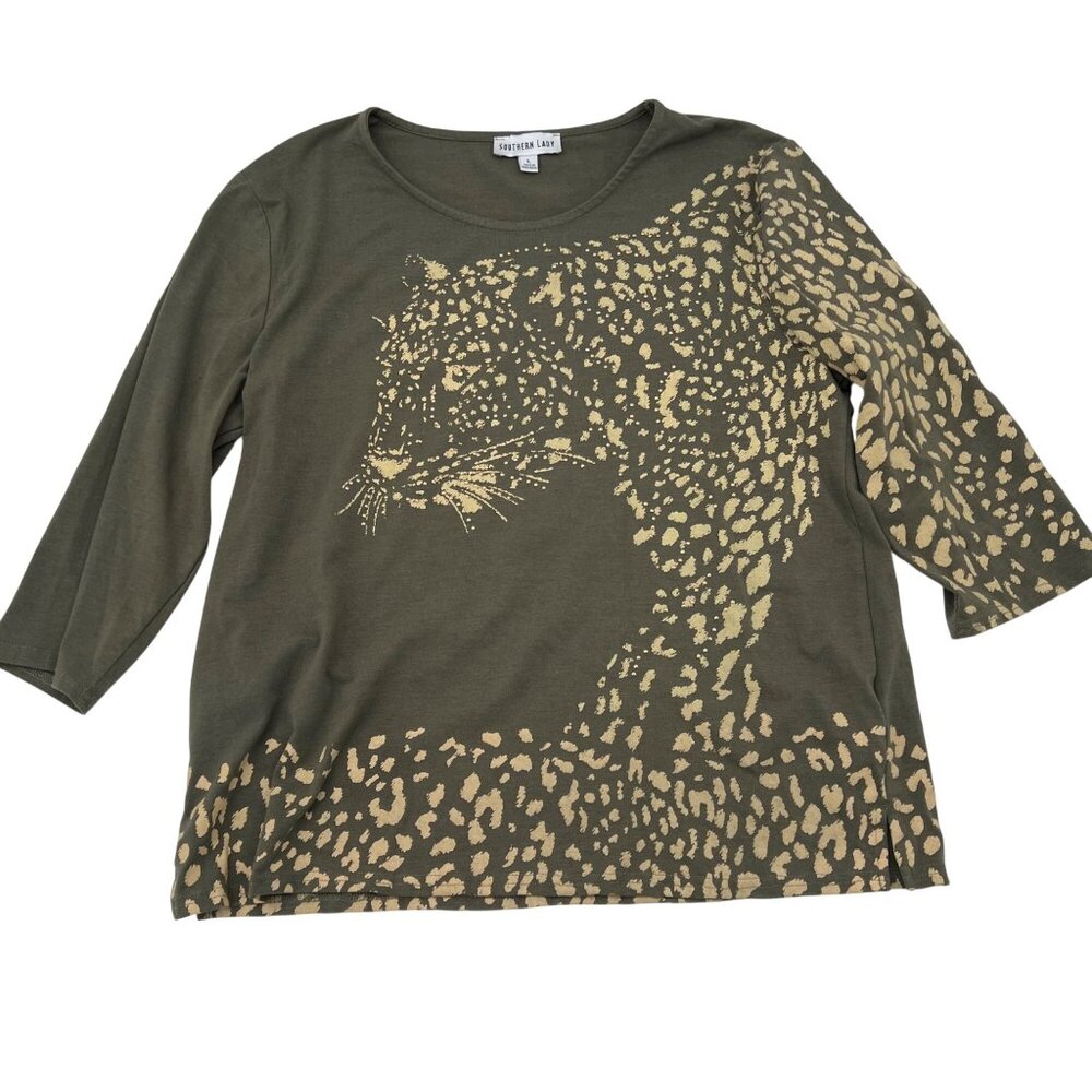 Southern Lady‎ Olive Leopard Print 3/4 Sleeve Womens Top L Cotton Blend